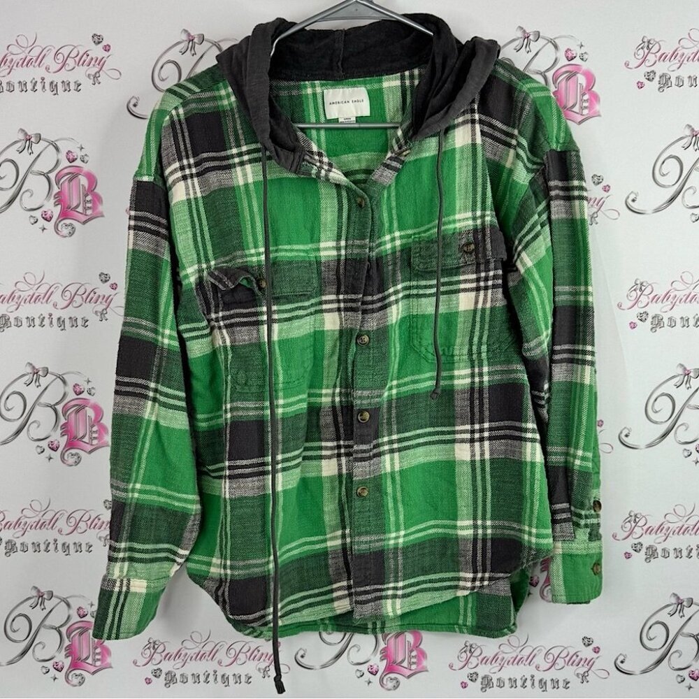 American Eagle Outfitters Green and Gray Plaid Hoodie hooded button up